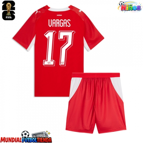 Camiseta Suiza Ruben Vargas #17 Primera Equipación Replica Mundial 2026 para niños mangas cortas (+ Pantalones cortos)